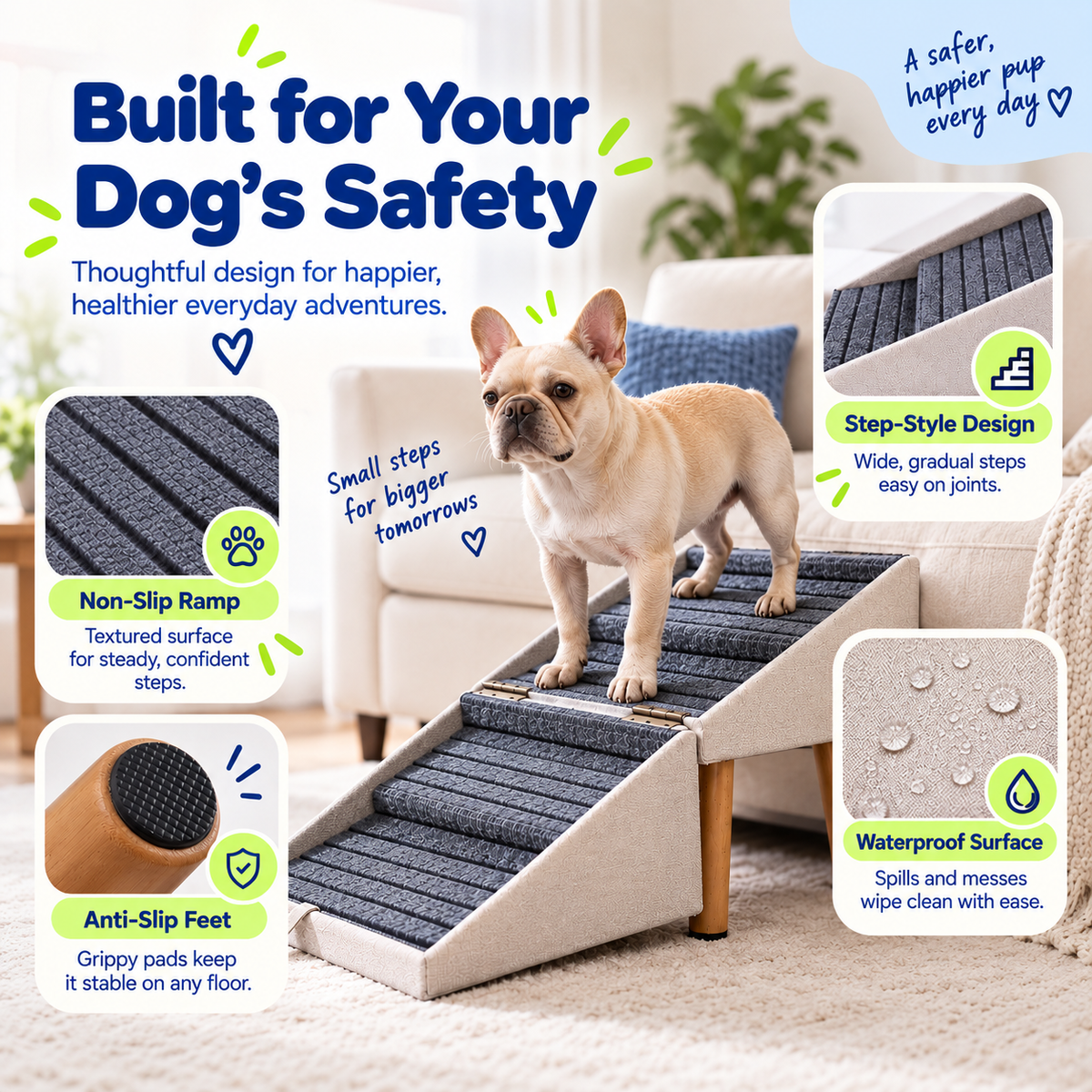 2-in-1 Foldable Dog Stairs Ramp for Bed and Couch